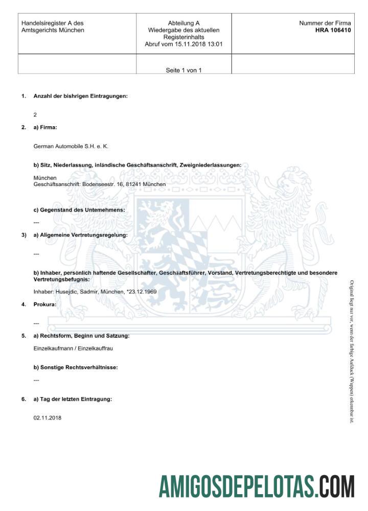 em branco Modelo de registro comercial do Tribunal Distrital de Munique da Alemanha em formato Word e PDF
